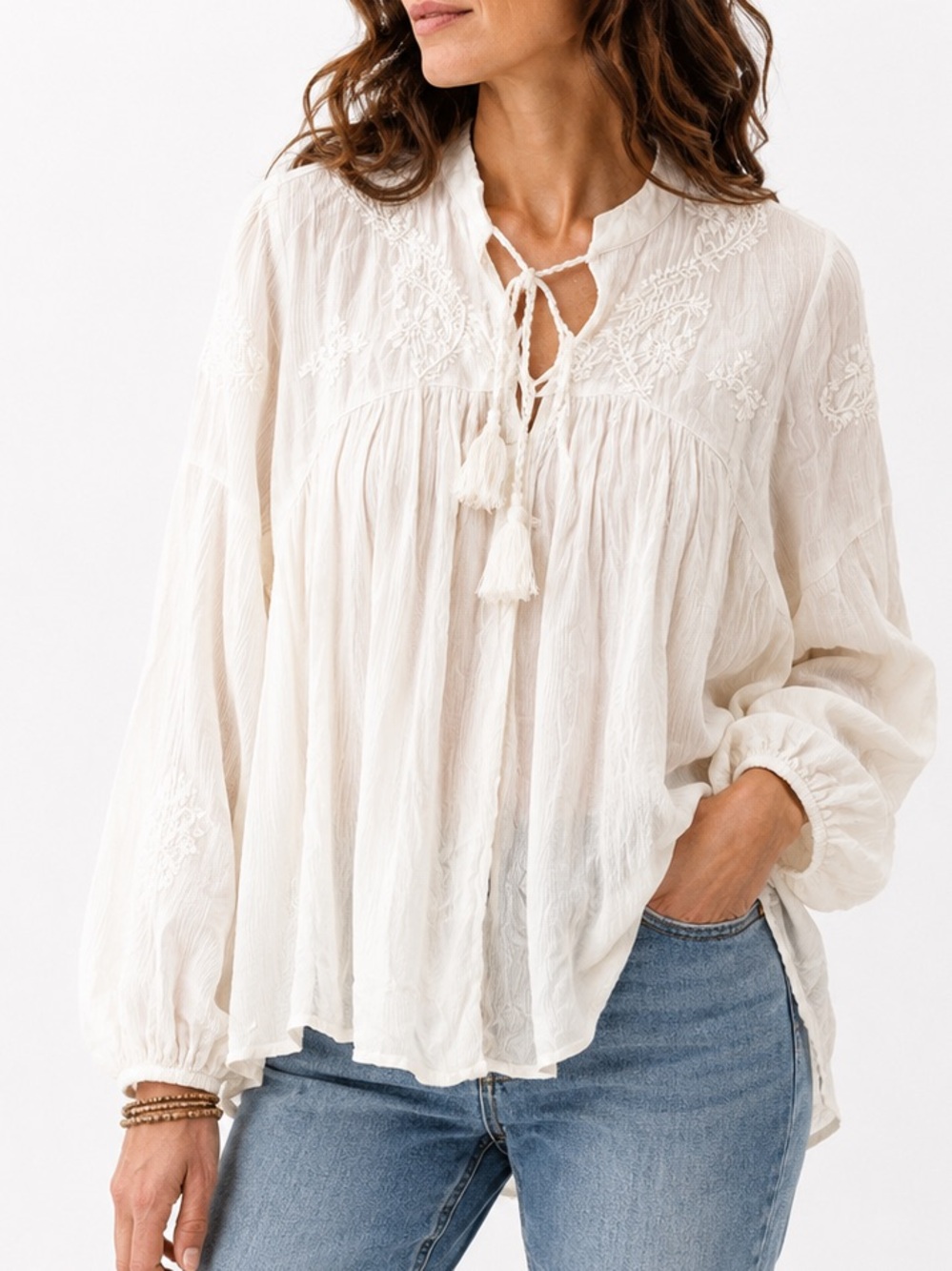 Rachel Zoe Ivory Embroidered Peasant Blouse Boho Tassel Tunic Size Medium